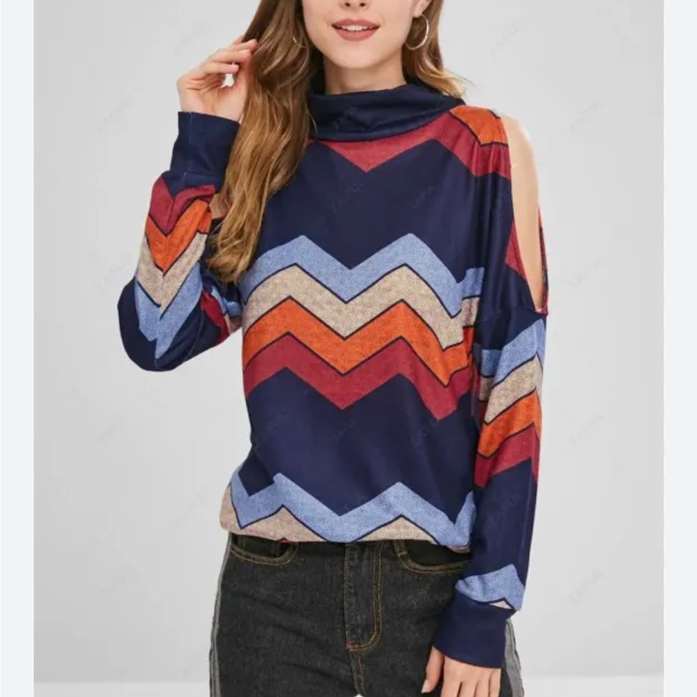 NEW Navy off white orange light blue chevron open cold shoulder turtle neck
